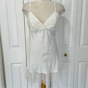 Vintage Flora Ivory Lace-Trim Satin Chemise with Sheer Layered Hem night dress